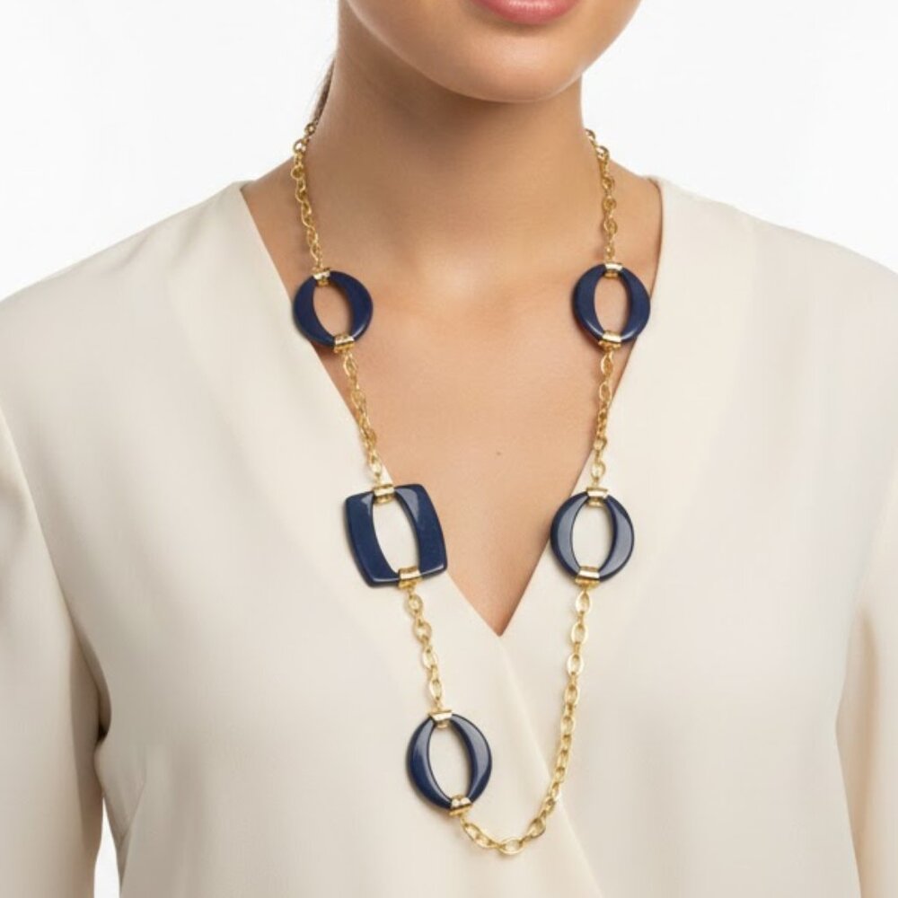 Vintage Style Navy Blue & Gold Resin Station Necklace